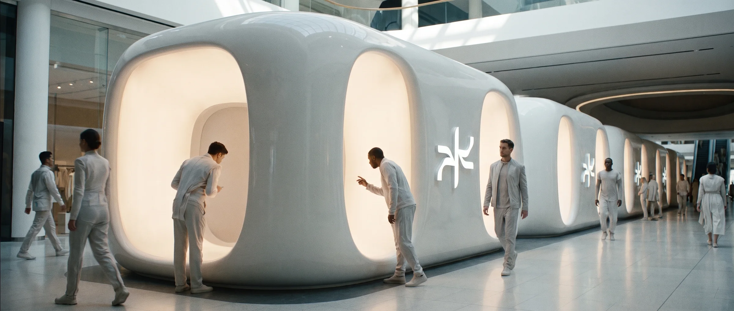 A Dream Wave placement center in Dubai: a white ceramic pavilion with the Dream Wave symbol.