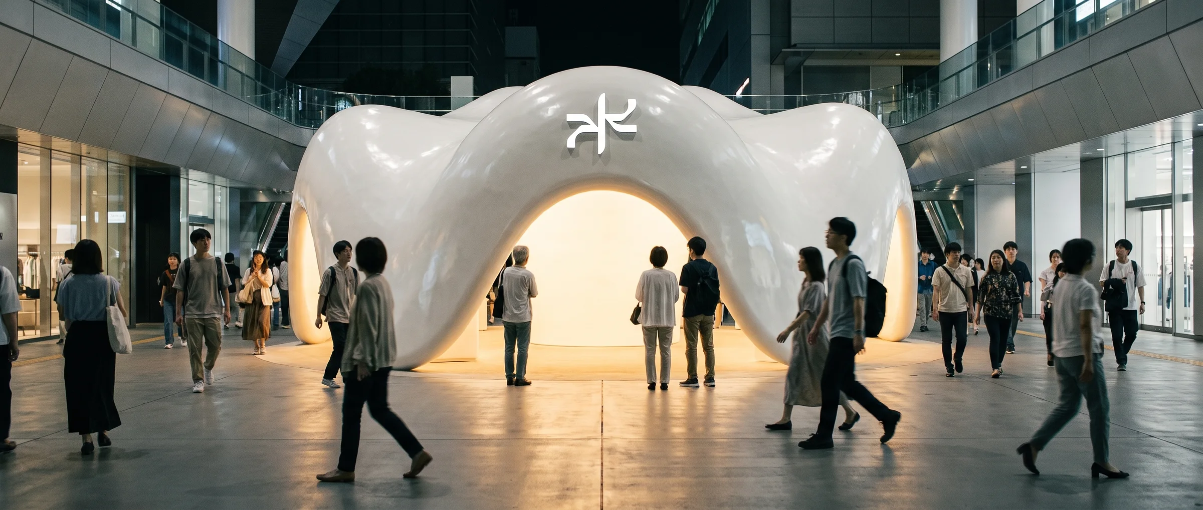 A Dream Wave placement center in a Tokyo mall: a white ceramic pavilion with the Dream Wave symbol, people walking past.