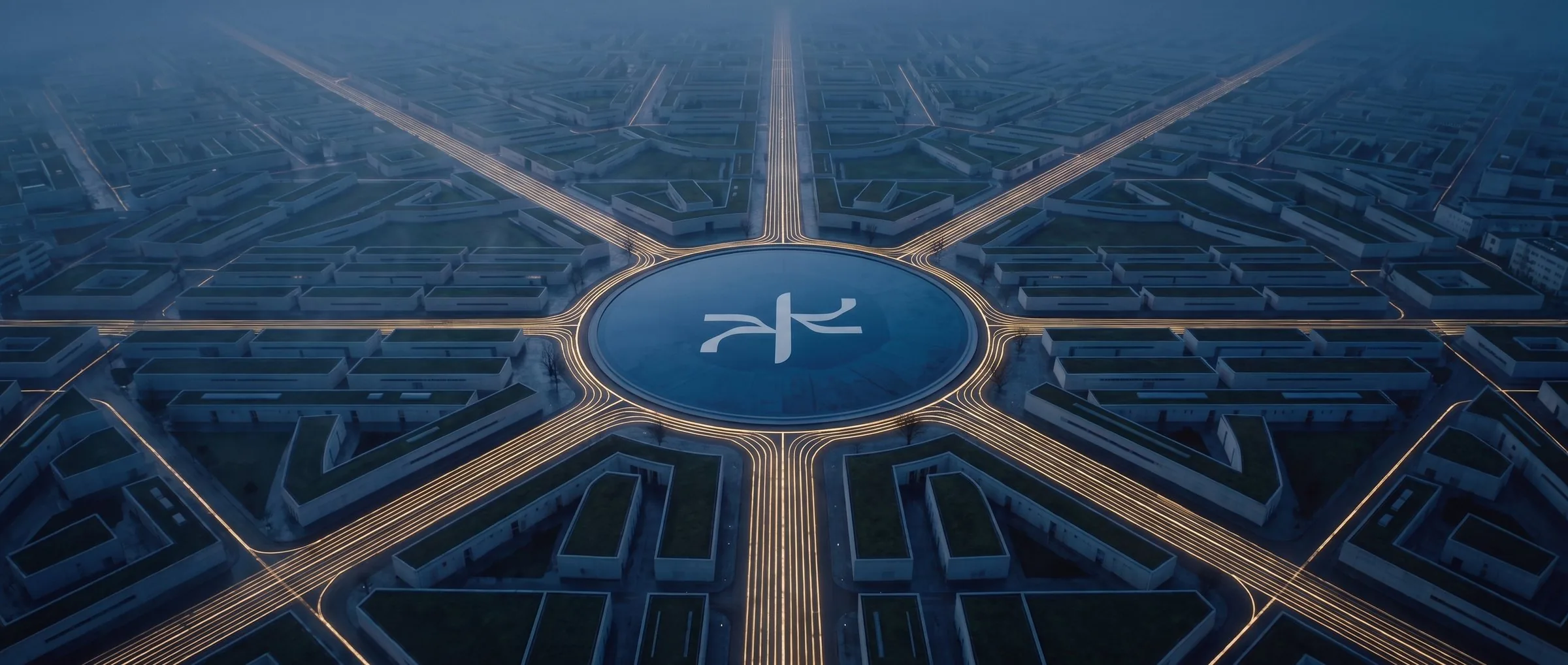 W.1 from the air at dawn: long white Ward halls to the horizon, eight avenues of gold lines meeting at a round mirror of water with the Dream Wave symbol on its floor.