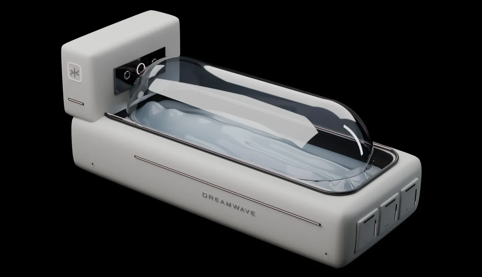 Dream Bot Z.3 Cradle: a white plinth holding a long smoked-glass canopy. Beneath the glass, a body rests under pale gel. A headboard of sensors looks down the length of it.